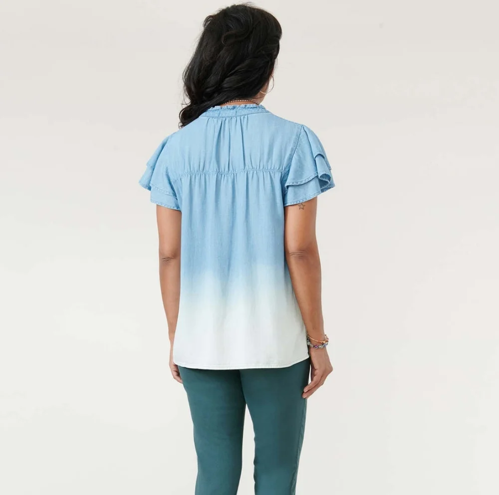 Democracy Double Flutter Short Sleeve Ruffle Neck Dip Dye Top - Picture 3 of 5